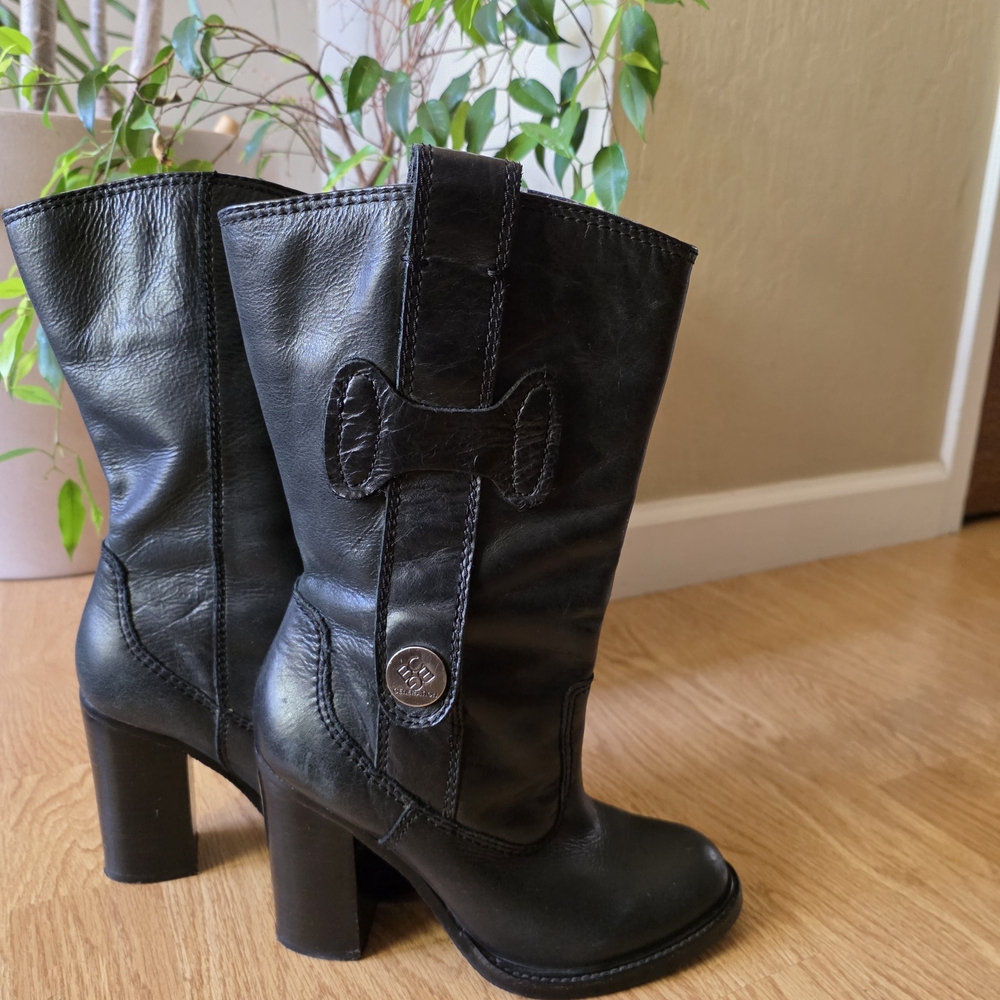 BCBGeneration Black Leather Mid-Calf Heeled Boots
